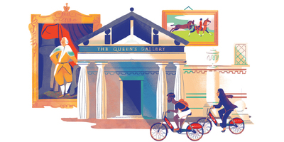 illustration of a man and woman using Santander Cycles in front of the Queens Gallery