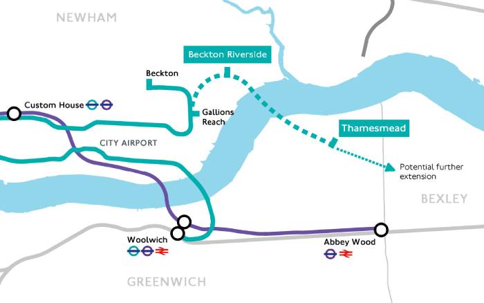 A map of the DLR extension to Beckton Riverside and Thamesmead