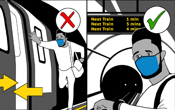 Graphic showing customer running for train doors and that this is dangerous next to image showing customer correctly waiting for the next train in 1 minute.