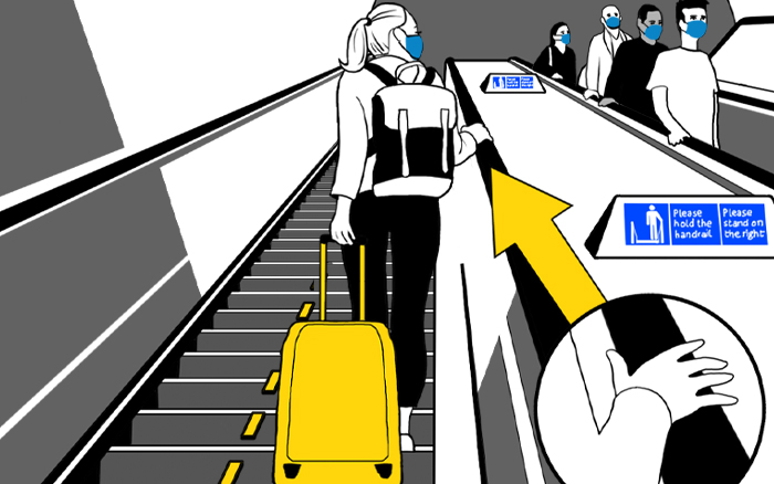 Graphic showing a customer standing on the right of an escalator, holding the handrail with their luggage behind them